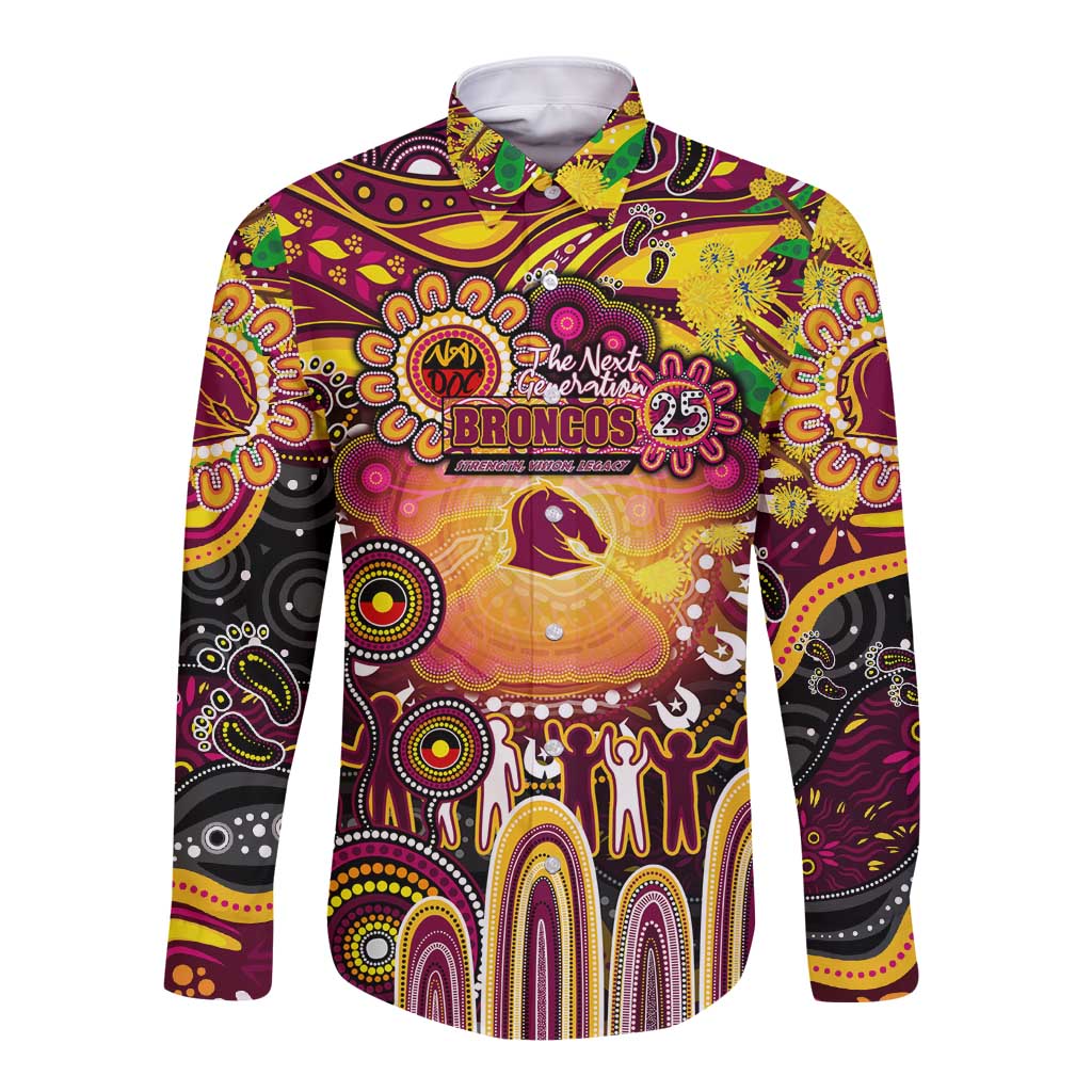 Personalised NAIDOC Week 2025 Broncos Rugby Long Sleeve Button Shirt Aboriginal Dot Painting