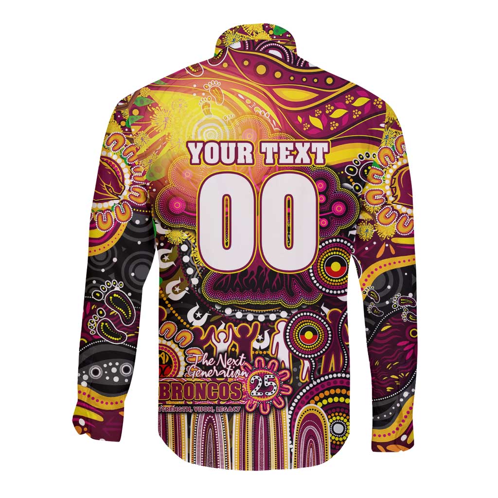 Personalised NAIDOC Week 2025 Broncos Rugby Long Sleeve Button Shirt Aboriginal Dot Painting