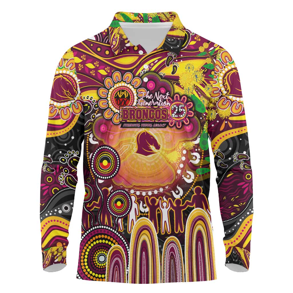 Personalised NAIDOC Week 2025 Broncos Rugby Long Sleeve Polo Shirt Aboriginal Dot Painting