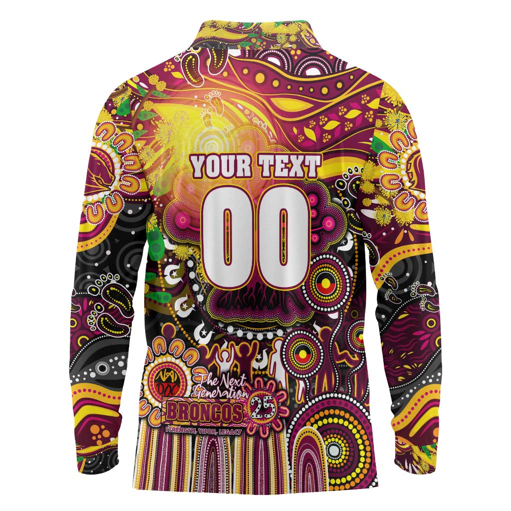 Personalised NAIDOC Week 2025 Broncos Rugby Long Sleeve Polo Shirt Aboriginal Dot Painting