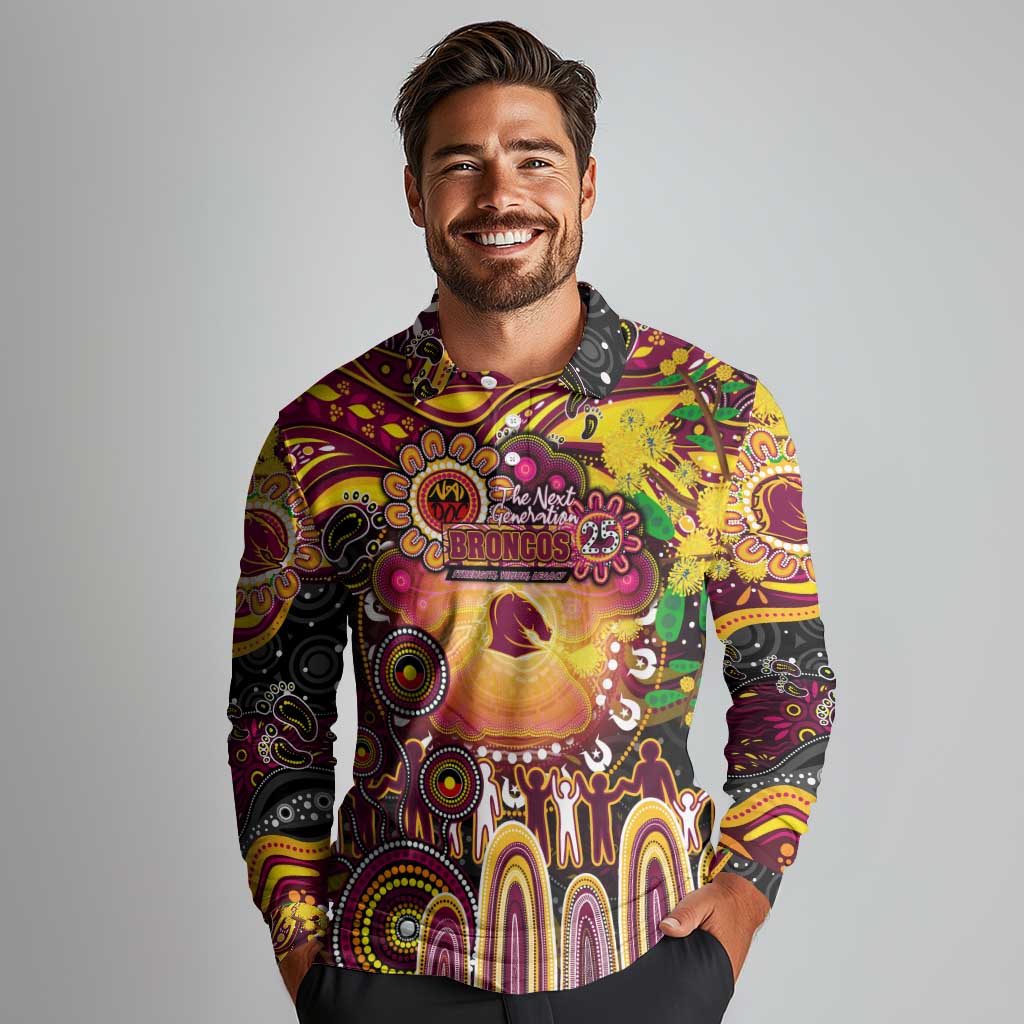 Personalised NAIDOC Week 2025 Broncos Rugby Long Sleeve Polo Shirt Aboriginal Dot Painting