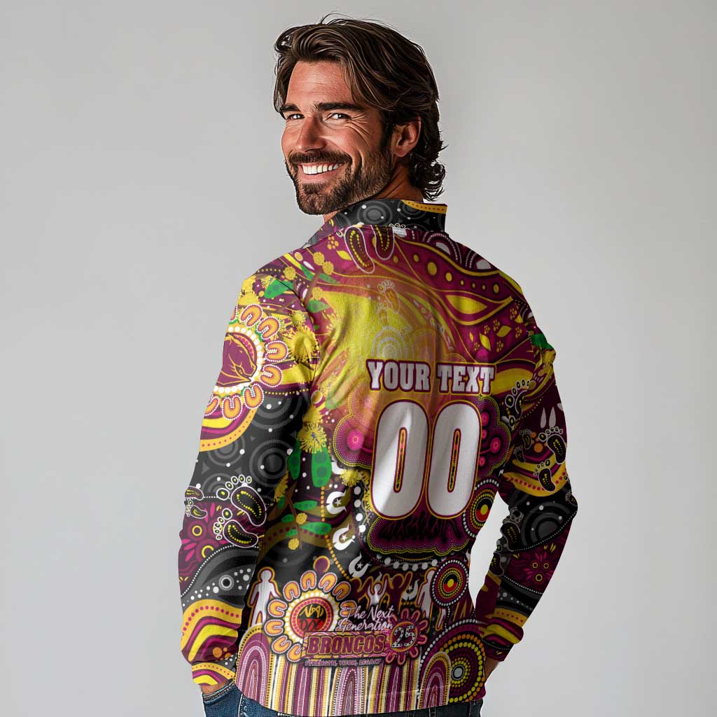 Personalised NAIDOC Week 2025 Broncos Rugby Long Sleeve Polo Shirt Aboriginal Dot Painting
