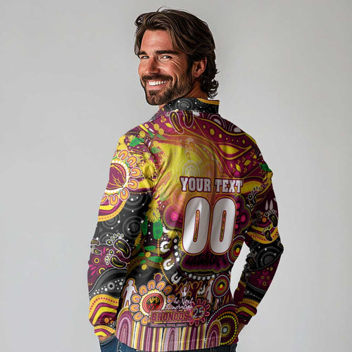 Personalised NAIDOC Week 2025 Broncos Rugby Long Sleeve Polo Shirt Aboriginal Dot Painting