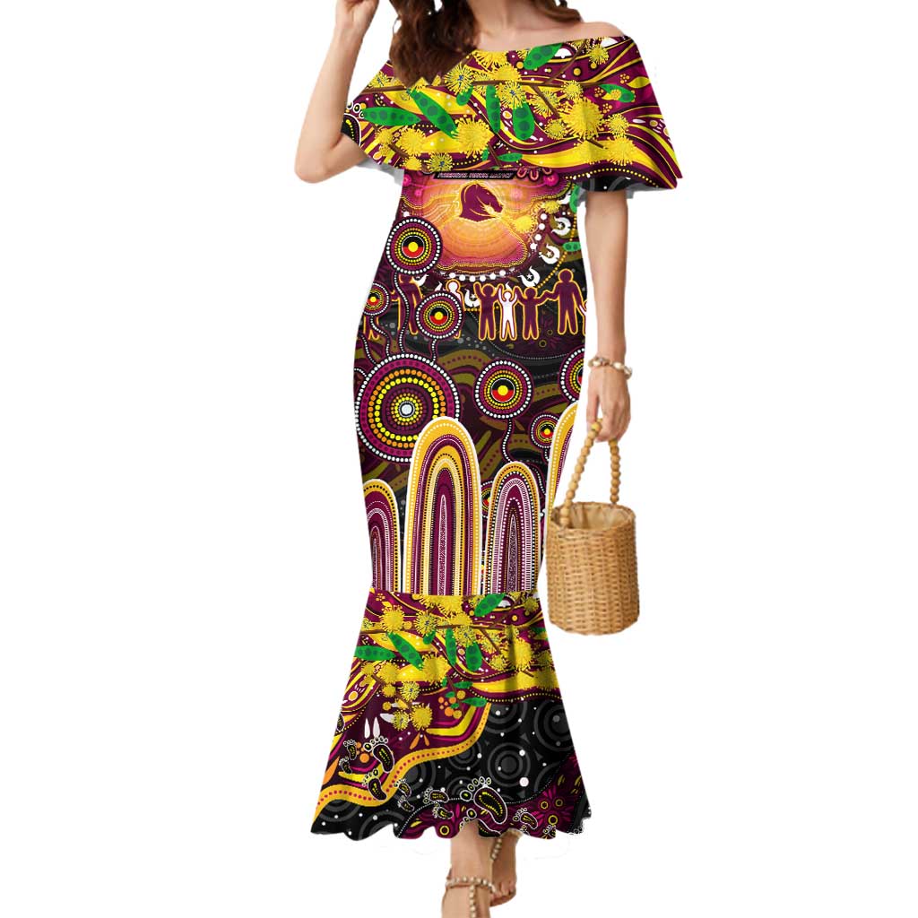 Personalised NAIDOC Week 2025 Broncos Rugby Mermaid Dress Aboriginal Dot Painting