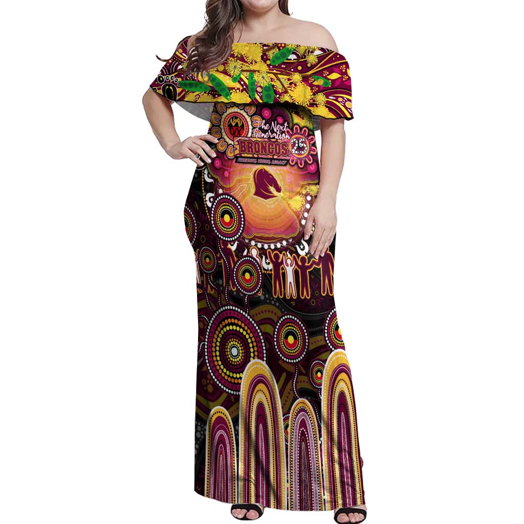 Personalised NAIDOC Week 2025 Broncos Rugby Off Shoulder Maxi Dress Aboriginal Dot Painting