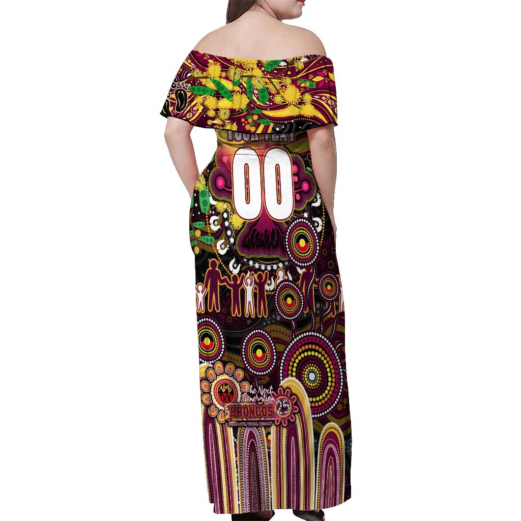 Personalised NAIDOC Week 2025 Broncos Rugby Off Shoulder Maxi Dress Aboriginal Dot Painting