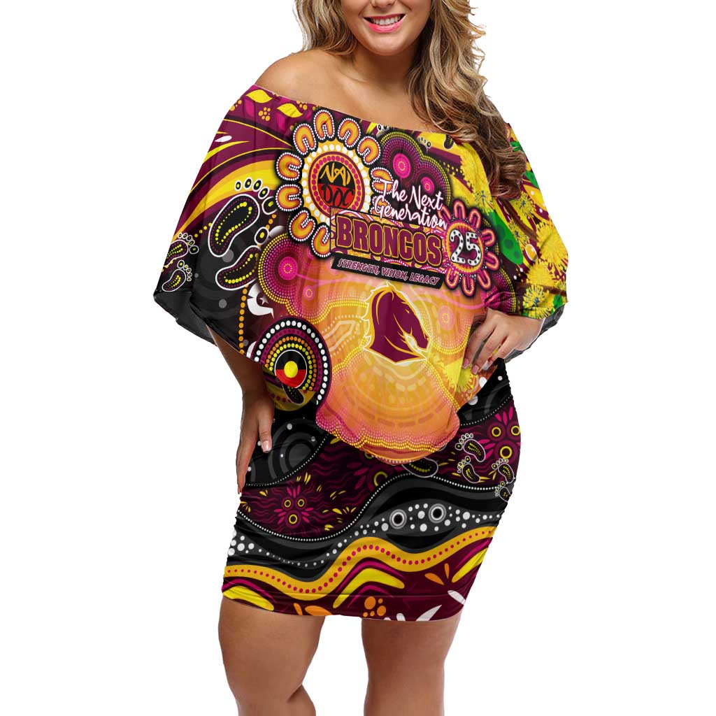 Personalised NAIDOC Week 2025 Broncos Rugby Off Shoulder Short Dress Aboriginal Dot Painting