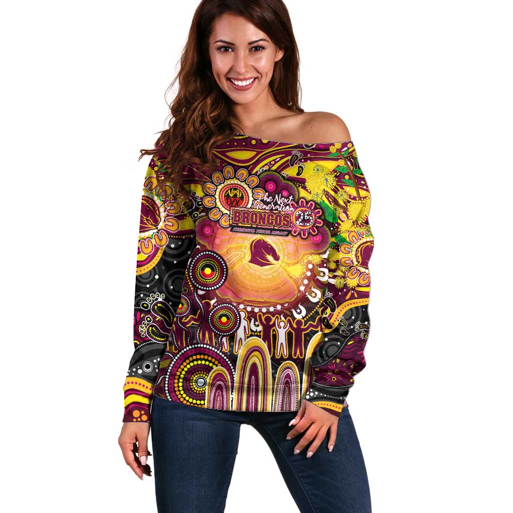 Personalised NAIDOC Week 2025 Broncos Rugby Off Shoulder Sweater Aboriginal Dot Painting
