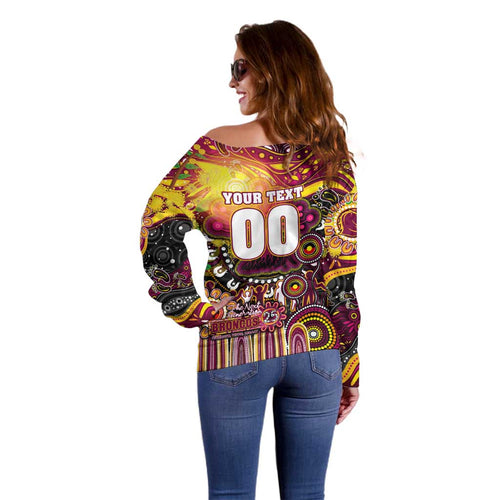 Personalised NAIDOC Week 2025 Broncos Rugby Off Shoulder Sweater Aboriginal Dot Painting