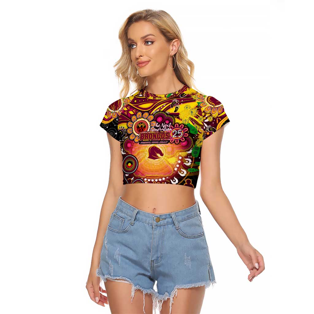 Personalised NAIDOC Week 2025 Broncos Rugby Raglan Cropped T Shirt Aboriginal Dot Painting