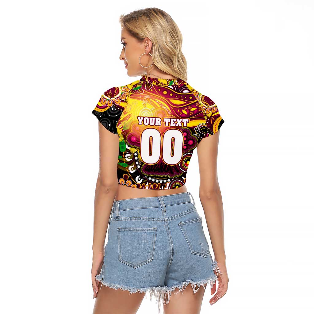 Personalised NAIDOC Week 2025 Broncos Rugby Raglan Cropped T Shirt Aboriginal Dot Painting