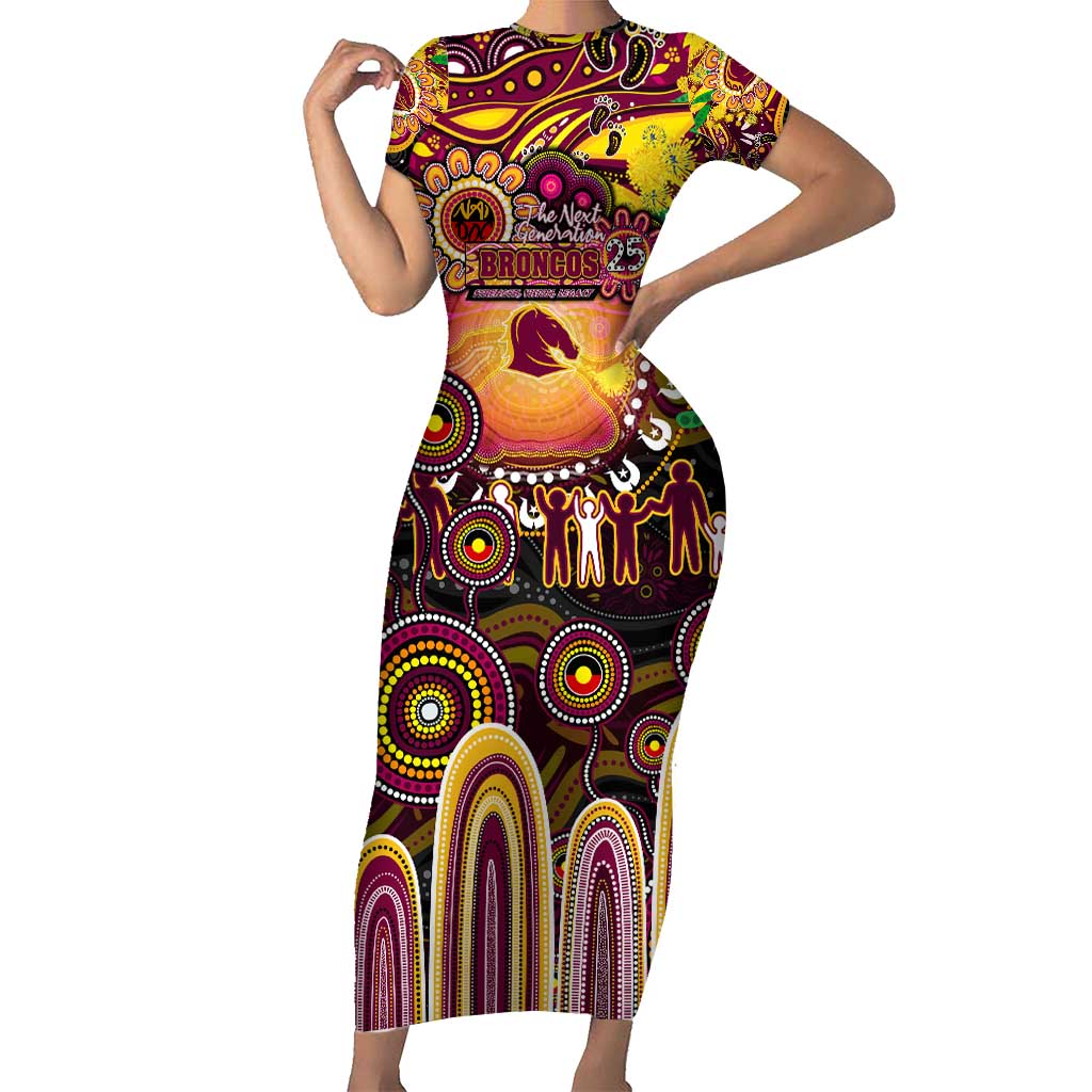 Personalised NAIDOC Week 2025 Broncos Rugby Short Sleeve Bodycon Dress Aboriginal Dot Painting