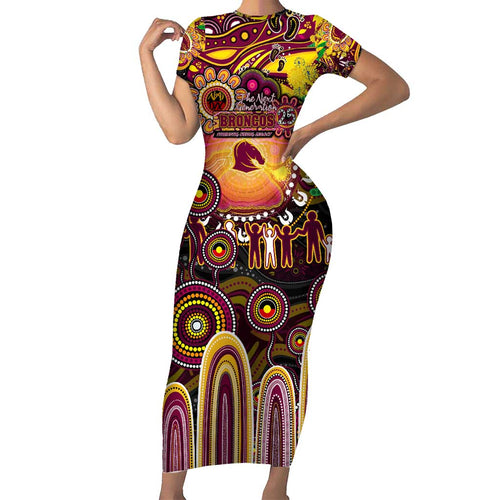 Personalised NAIDOC Week 2025 Broncos Rugby Short Sleeve Bodycon Dress Aboriginal Dot Painting
