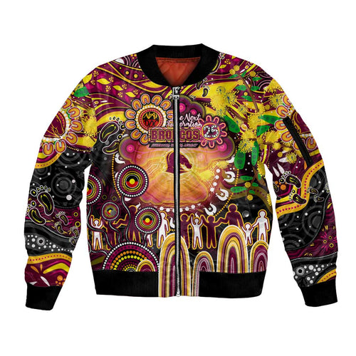 Personalised NAIDOC Week 2025 Broncos Rugby Sleeve Zip Bomber Jacket Aboriginal Dot Painting