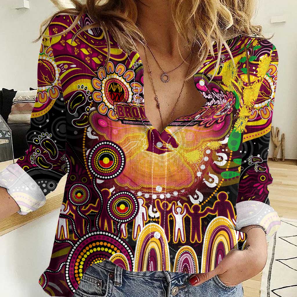 Personalised NAIDOC Week 2025 Broncos Rugby Women Casual Shirt Aboriginal Dot Painting