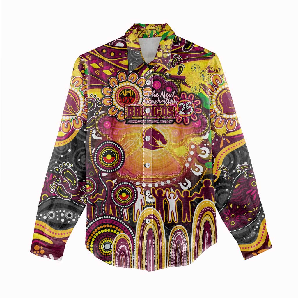Personalised NAIDOC Week 2025 Broncos Rugby Women Casual Shirt Aboriginal Dot Painting