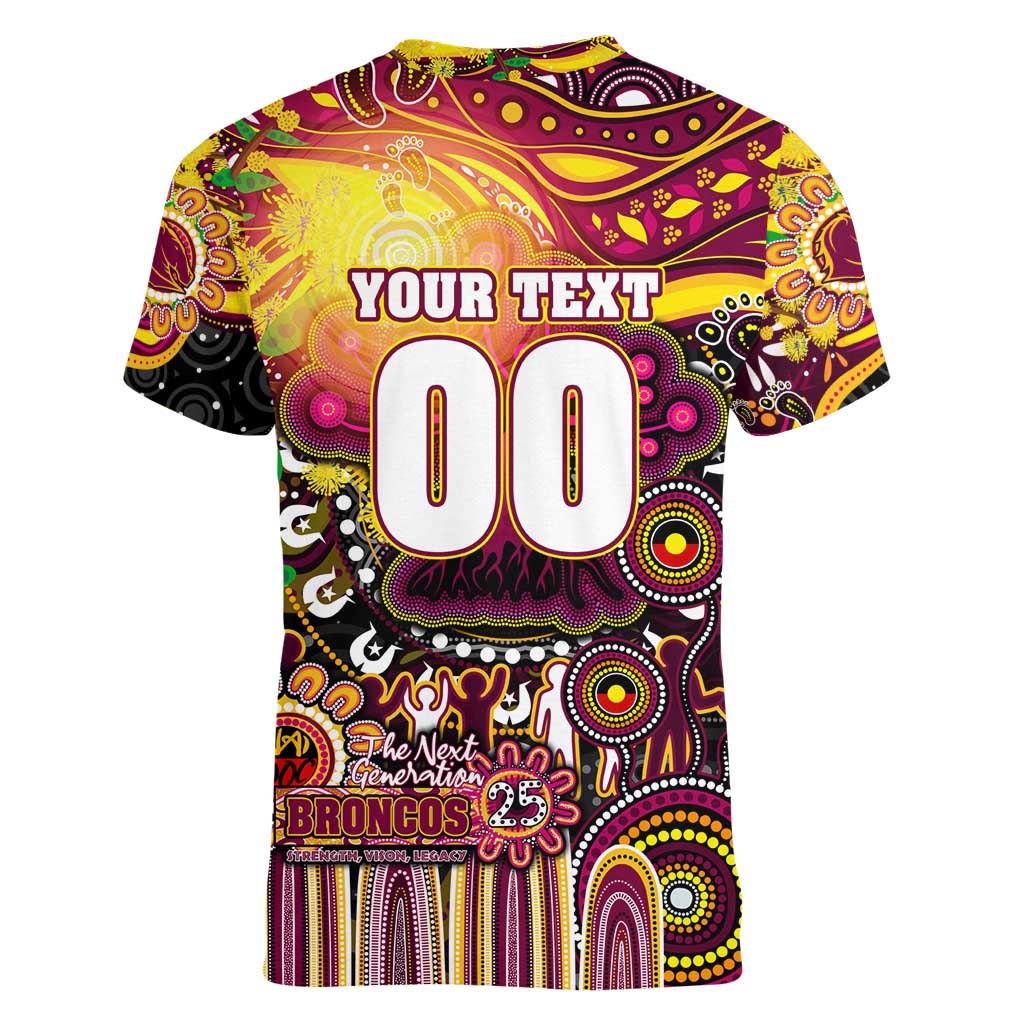 Personalised NAIDOC Week 2025 Broncos Rugby Women V-Neck T-Shirt Aboriginal Dot Painting