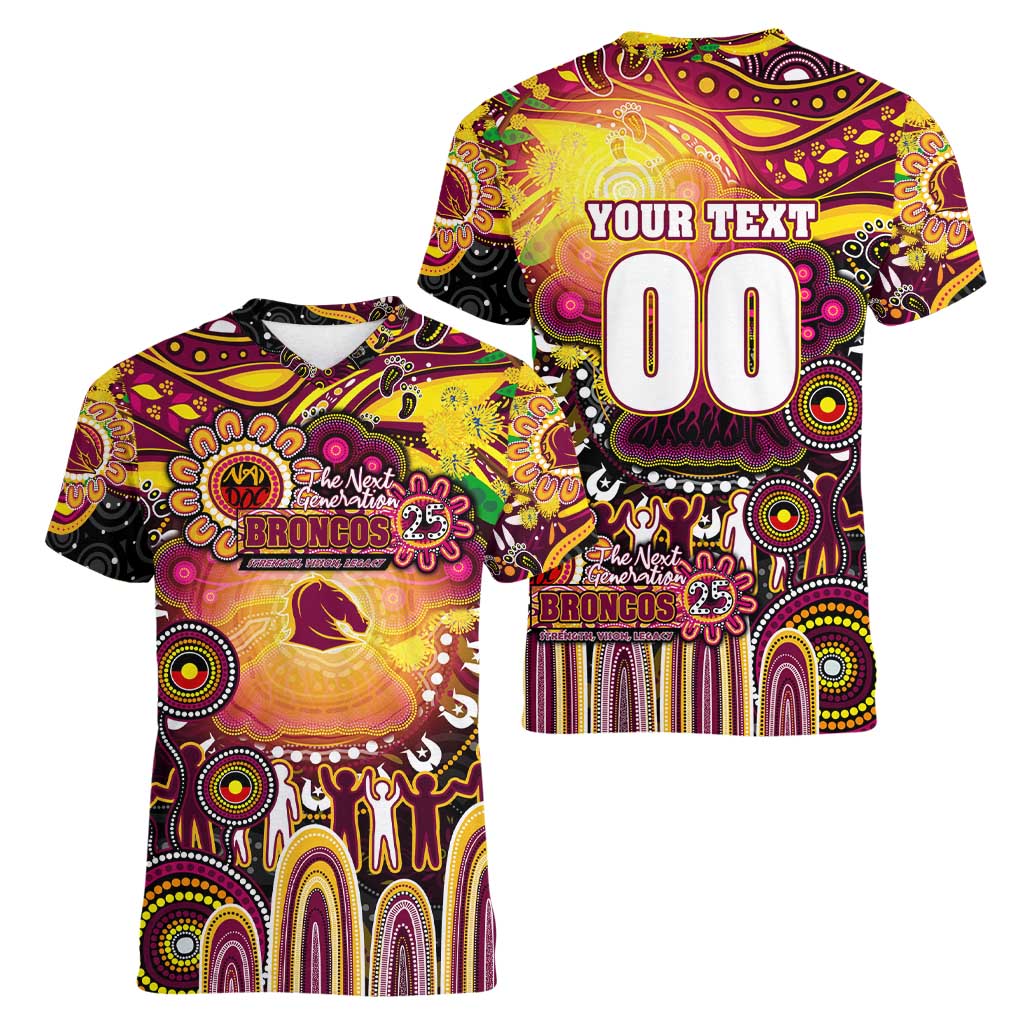 Personalised NAIDOC Week 2025 Broncos Rugby Women V-Neck T-Shirt Aboriginal Dot Painting