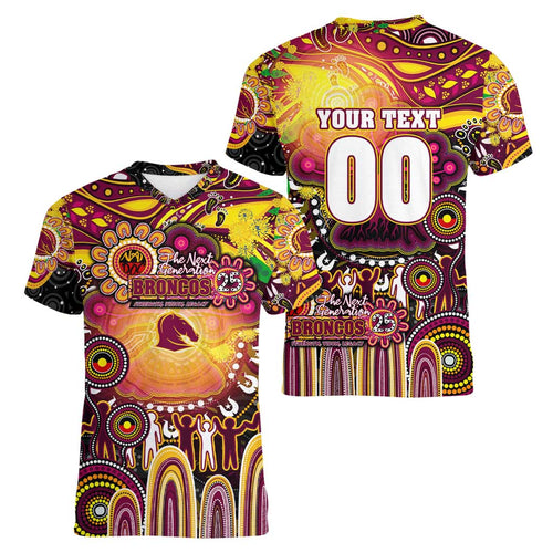 Personalised NAIDOC Week 2025 Broncos Rugby Women V-Neck T-Shirt Aboriginal Dot Painting
