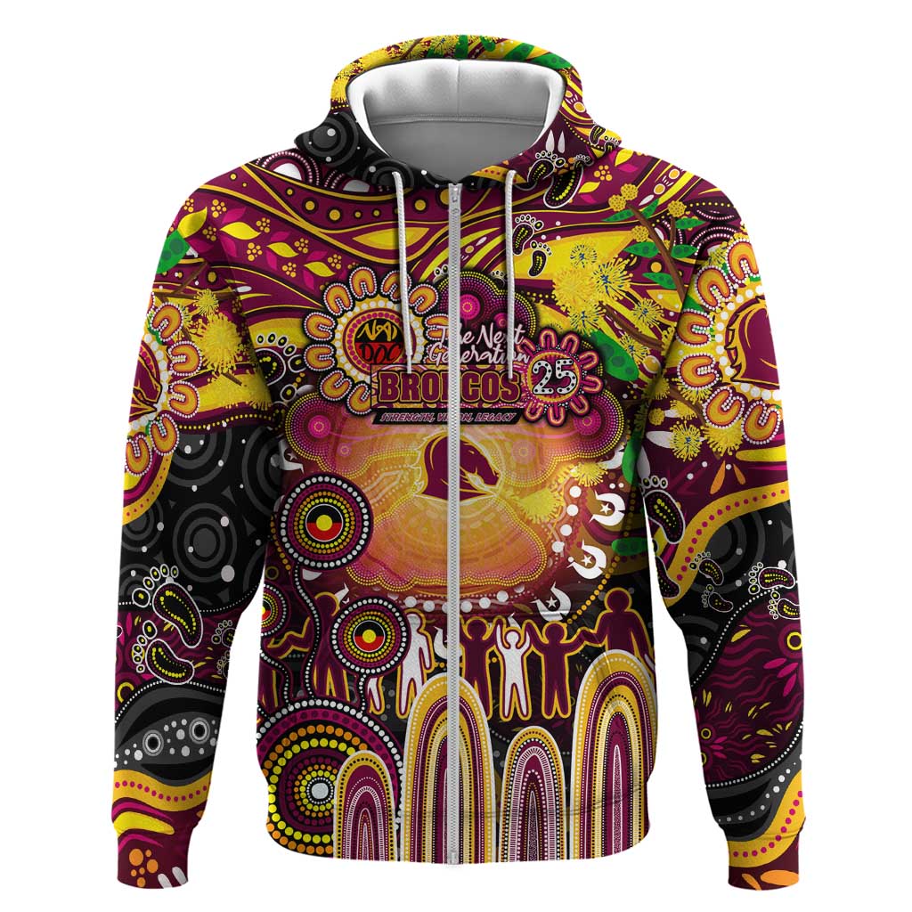 Personalised NAIDOC Week 2025 Broncos Rugby Zip Hoodie Aboriginal Dot Painting