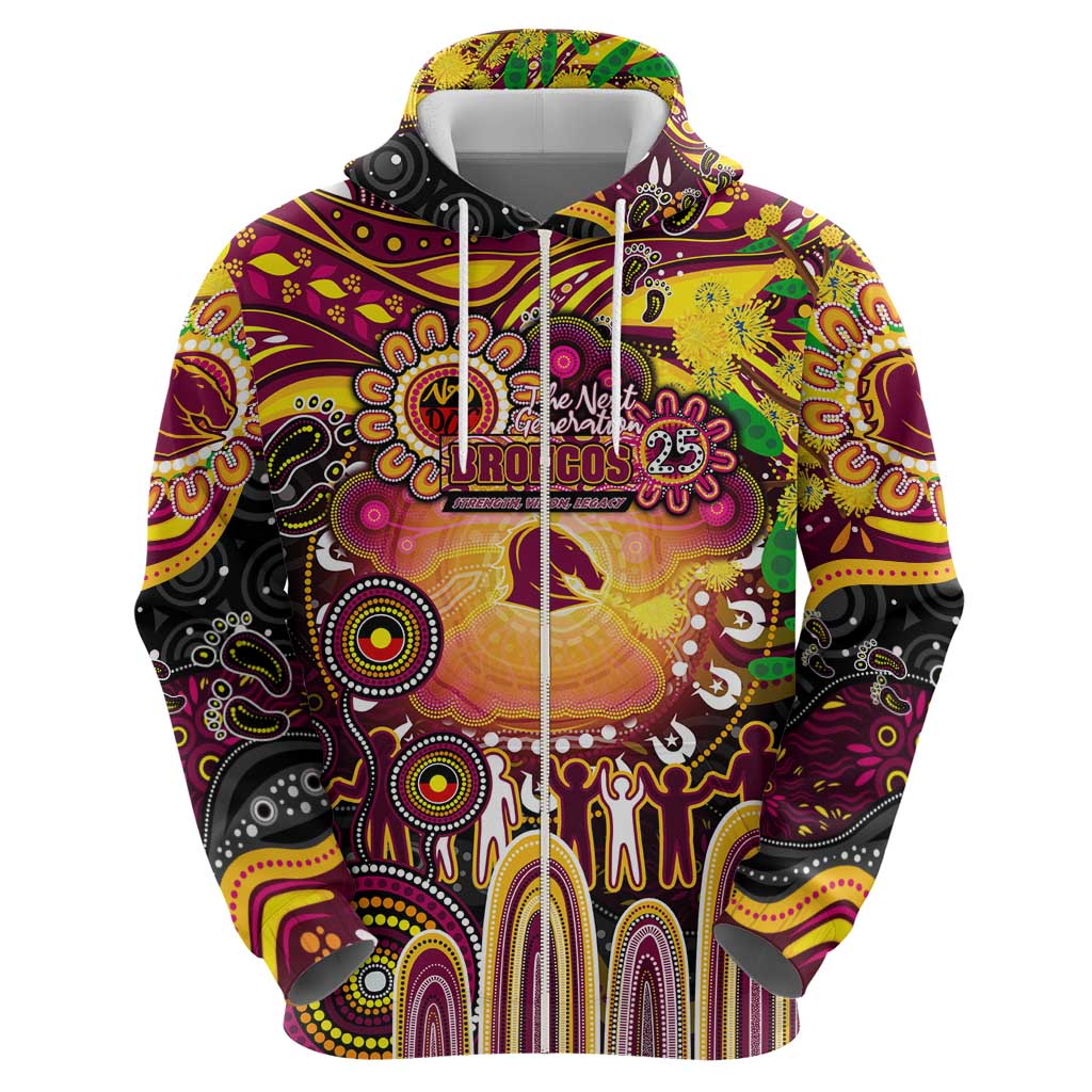 Personalised NAIDOC Week 2025 Broncos Rugby Zip Hoodie Aboriginal Dot Painting