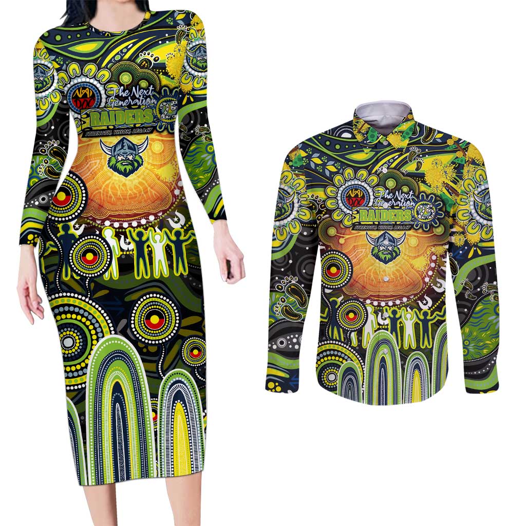 Personalised NAIDOC Week 2025 Raiders Rugby Couples Matching Long Sleeve Bodycon Dress and Long Sleeve Button Shirt Aboriginal Dot Painting