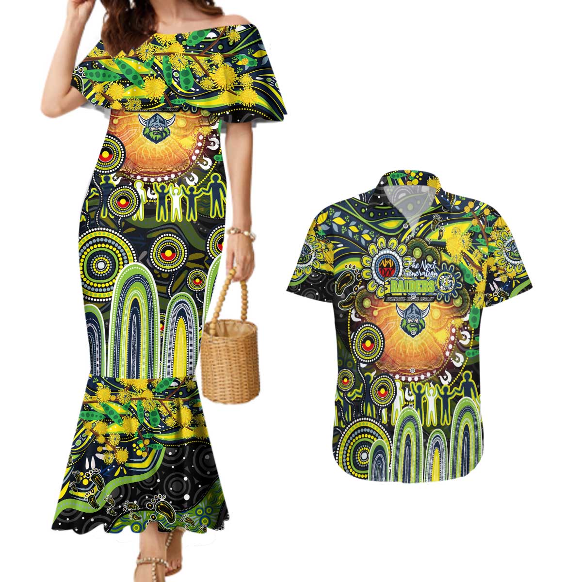 Personalised NAIDOC Week 2025 Raiders Rugby Couples Matching Mermaid Dress and Hawaiian Shirt Aboriginal Dot Painting