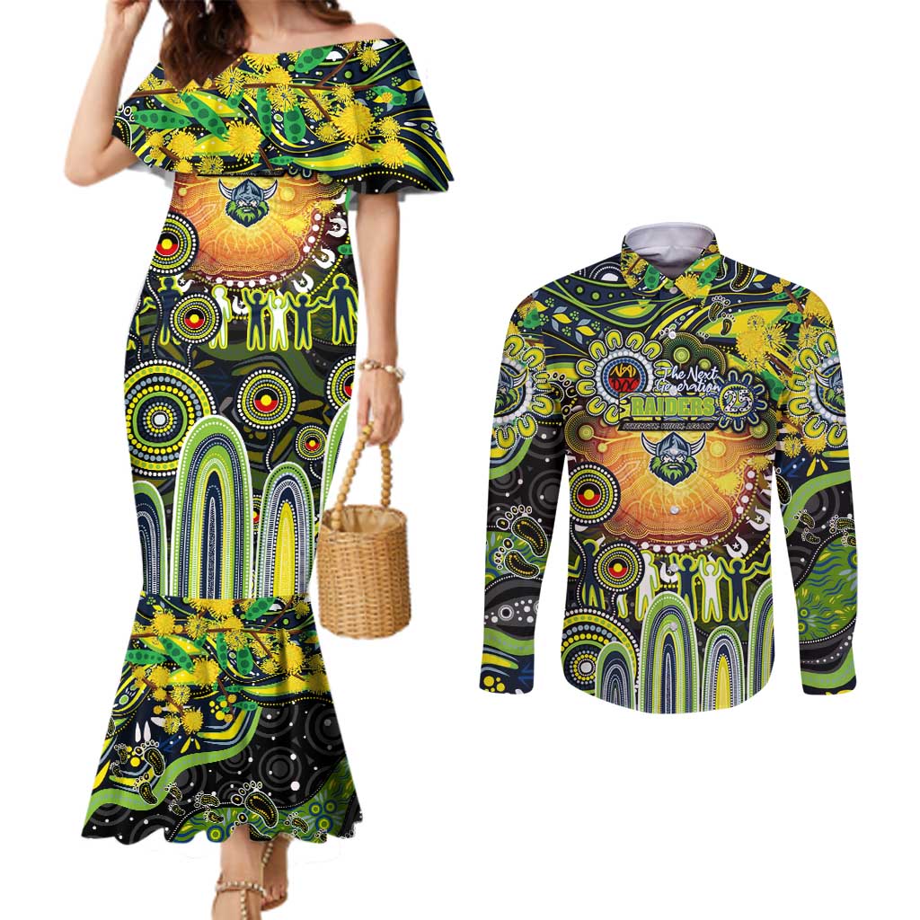 Personalised NAIDOC Week 2025 Raiders Rugby Couples Matching Mermaid Dress and Long Sleeve Button Shirt Aboriginal Dot Painting