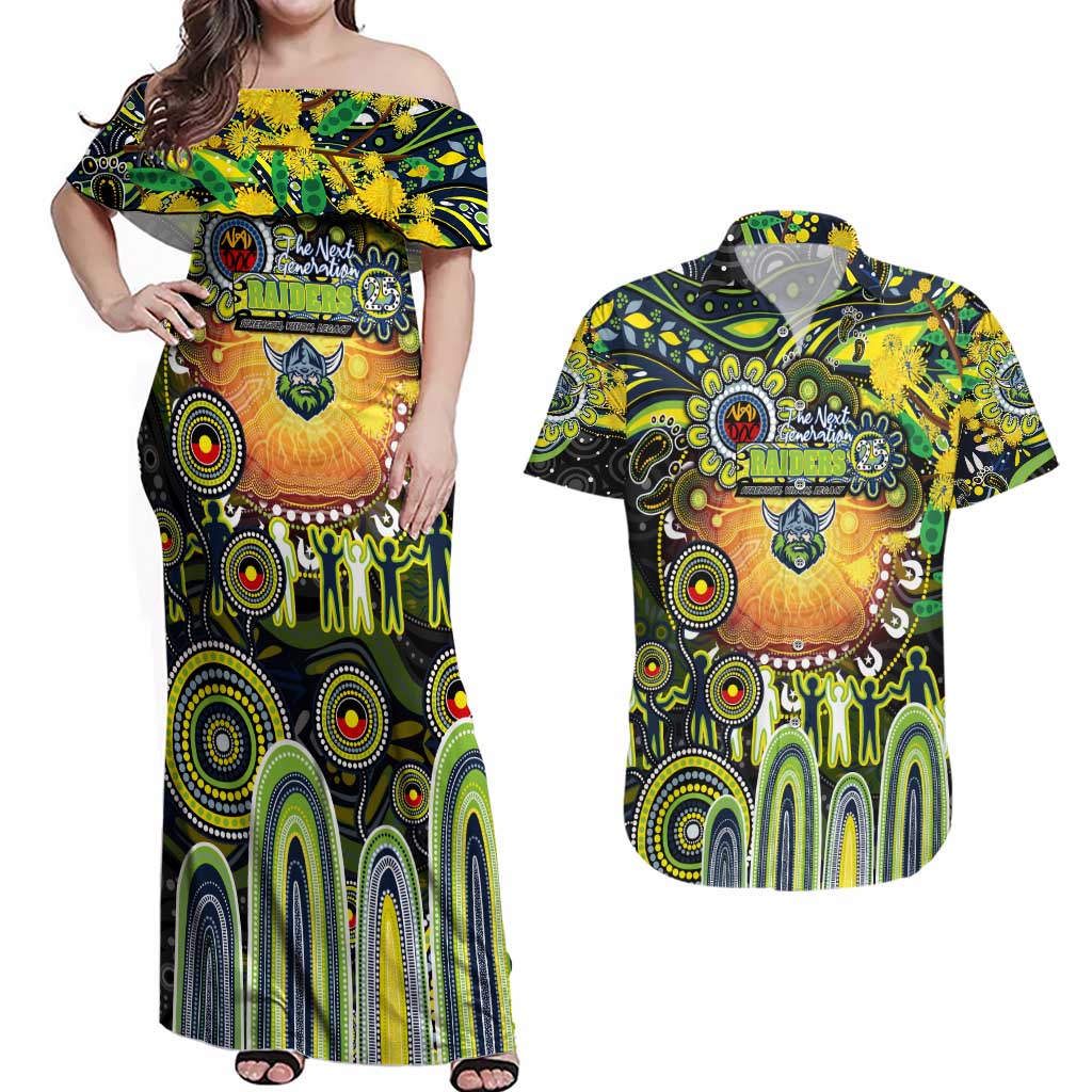 Personalised NAIDOC Week 2025 Raiders Rugby Couples Matching Off Shoulder Maxi Dress and Hawaiian Shirt Aboriginal Dot Painting