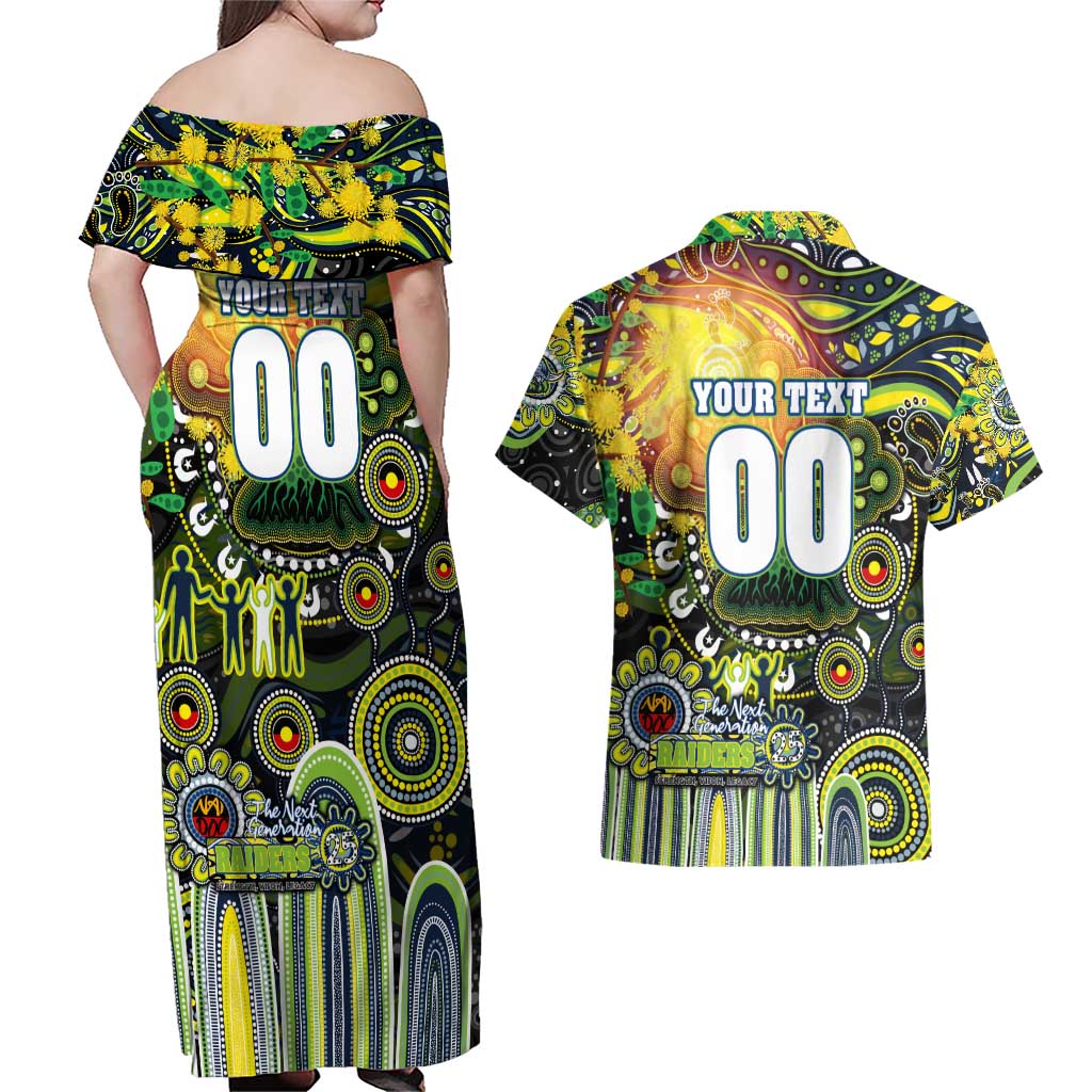 Personalised NAIDOC Week 2025 Raiders Rugby Couples Matching Off Shoulder Maxi Dress and Hawaiian Shirt Aboriginal Dot Painting