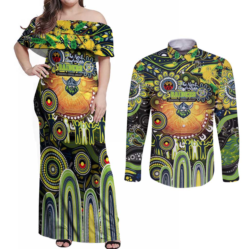 Personalised NAIDOC Week 2025 Raiders Rugby Couples Matching Off Shoulder Maxi Dress and Long Sleeve Button Shirt Aboriginal Dot Painting