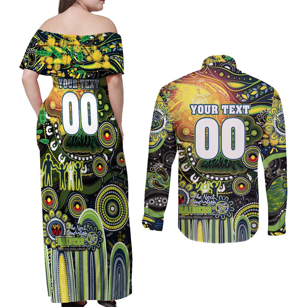 Personalised NAIDOC Week 2025 Raiders Rugby Couples Matching Off Shoulder Maxi Dress and Long Sleeve Button Shirt Aboriginal Dot Painting