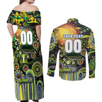 Personalised NAIDOC Week 2025 Raiders Rugby Couples Matching Off Shoulder Maxi Dress and Long Sleeve Button Shirt Aboriginal Dot Painting