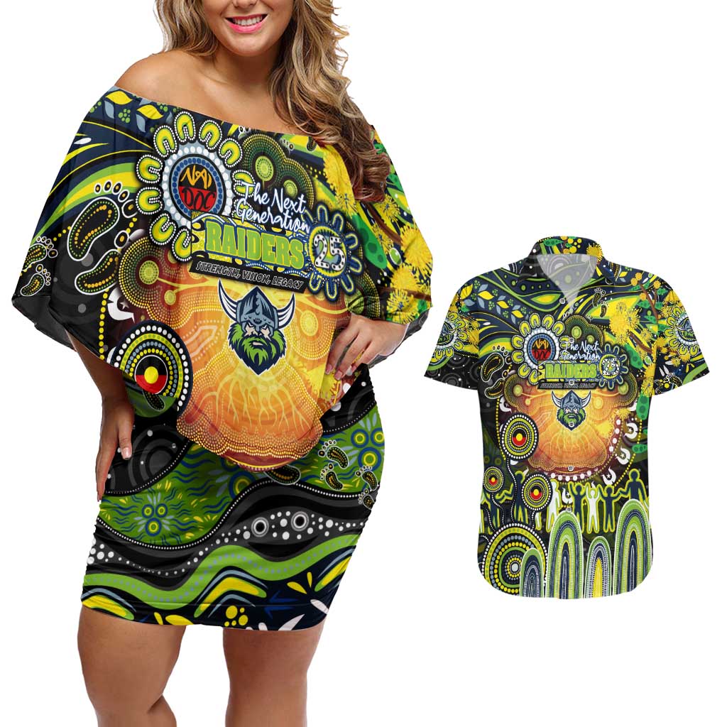 Personalised NAIDOC Week 2025 Raiders Rugby Couples Matching Off Shoulder Short Dress and Hawaiian Shirt Aboriginal Dot Painting