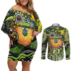 Personalised NAIDOC Week 2025 Raiders Rugby Couples Matching Off Shoulder Short Dress and Long Sleeve Button Shirt Aboriginal Dot Painting