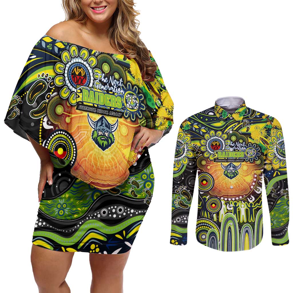Personalised NAIDOC Week 2025 Raiders Rugby Couples Matching Off Shoulder Short Dress and Long Sleeve Button Shirt Aboriginal Dot Painting