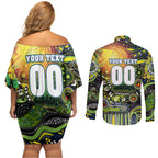 Personalised NAIDOC Week 2025 Raiders Rugby Couples Matching Off Shoulder Short Dress and Long Sleeve Button Shirt Aboriginal Dot Painting