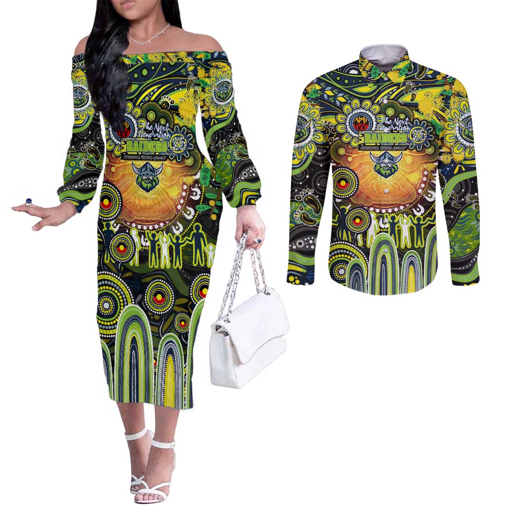 Personalised NAIDOC Week 2025 Raiders Rugby Couples Matching Off The Shoulder Long Sleeve Dress and Long Sleeve Button Shirt Aboriginal Dot Painting
