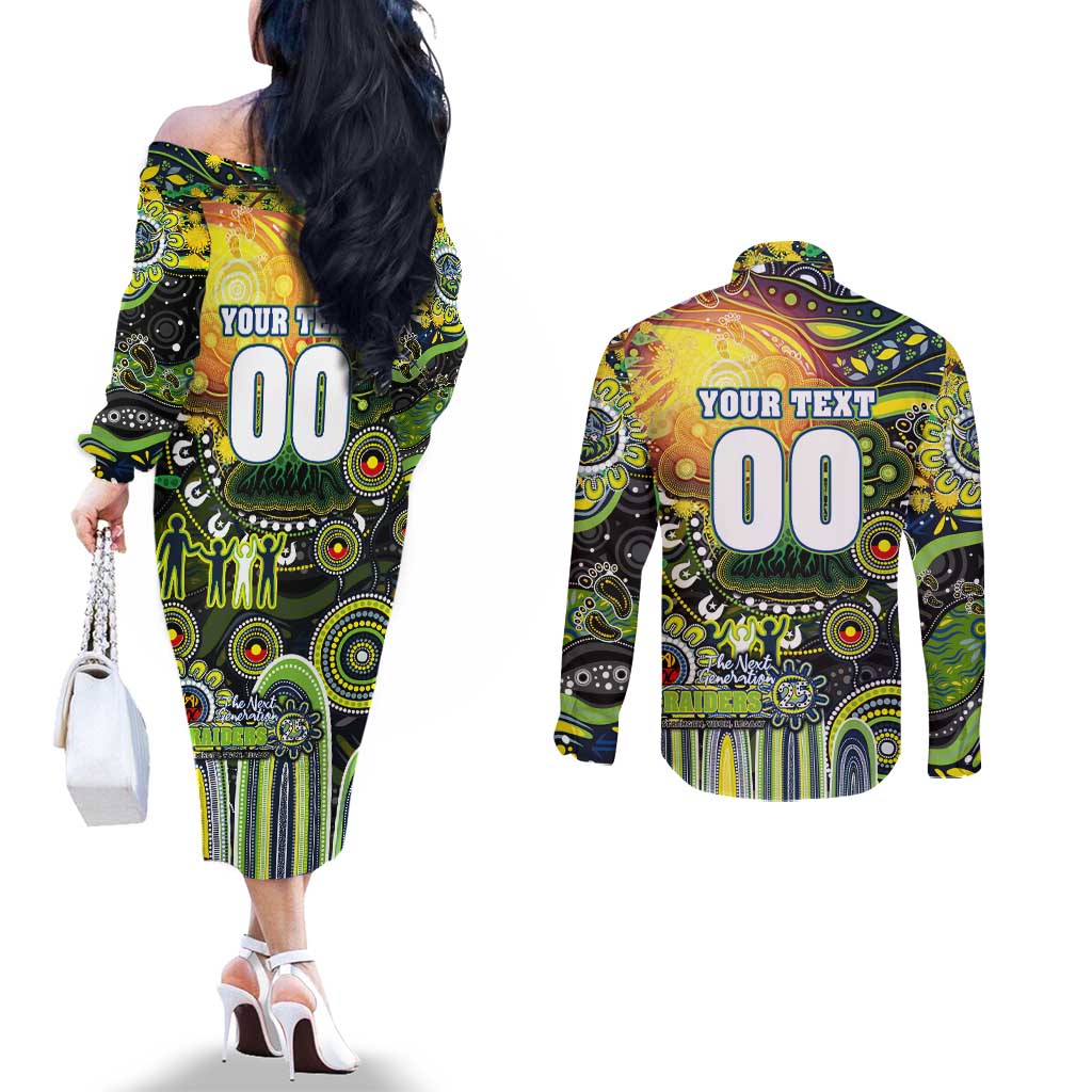 Personalised NAIDOC Week 2025 Raiders Rugby Couples Matching Off The Shoulder Long Sleeve Dress and Long Sleeve Button Shirt Aboriginal Dot Painting