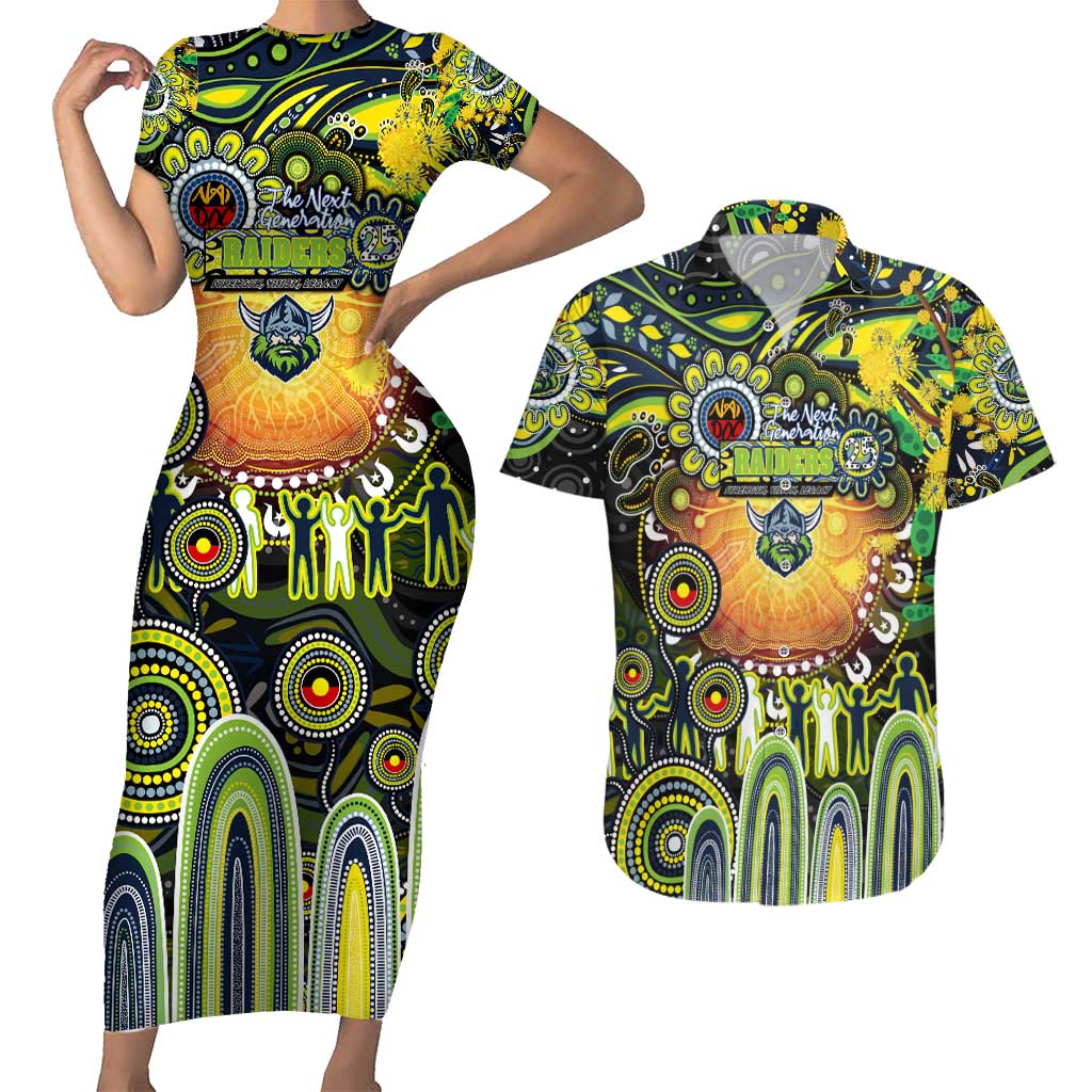 Personalised NAIDOC Week 2025 Raiders Rugby Couples Matching Short Sleeve Bodycon Dress and Hawaiian Shirt Aboriginal Dot Painting