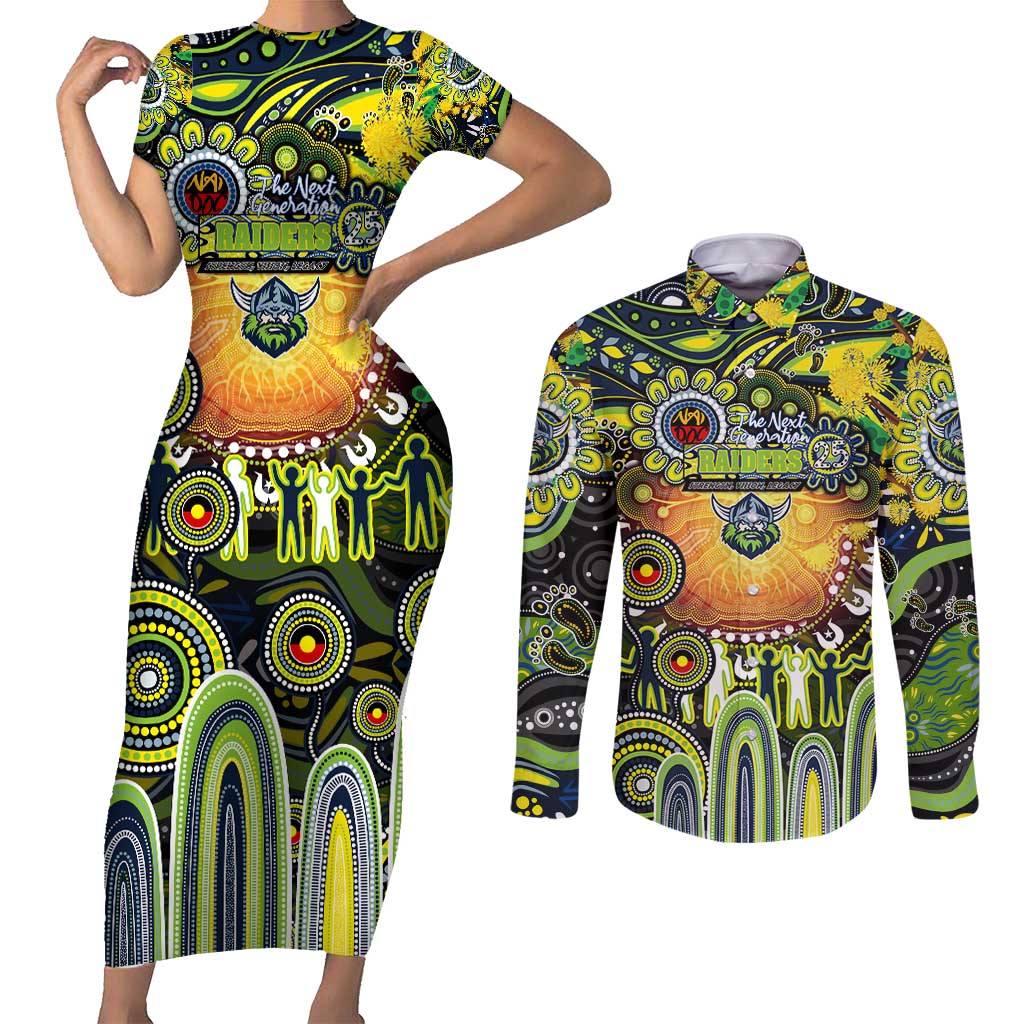 Personalised NAIDOC Week 2025 Raiders Rugby Couples Matching Short Sleeve Bodycon Dress and Long Sleeve Button Shirt Aboriginal Dot Painting