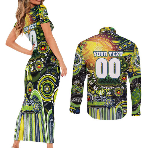 Personalised NAIDOC Week 2025 Raiders Rugby Couples Matching Short Sleeve Bodycon Dress and Long Sleeve Button Shirt Aboriginal Dot Painting