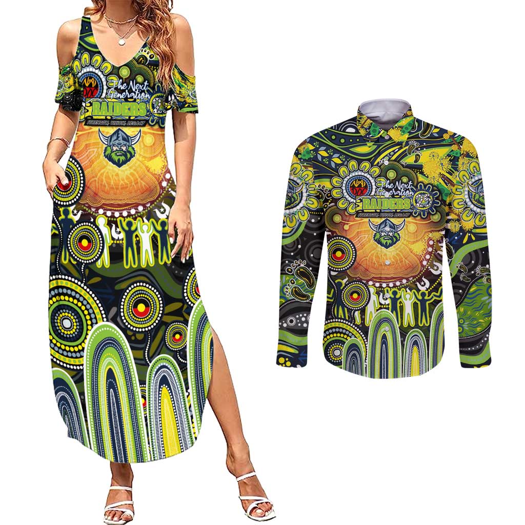 Personalised NAIDOC Week 2025 Raiders Rugby Couples Matching Summer Maxi Dress and Long Sleeve Button Shirt Aboriginal Dot Painting