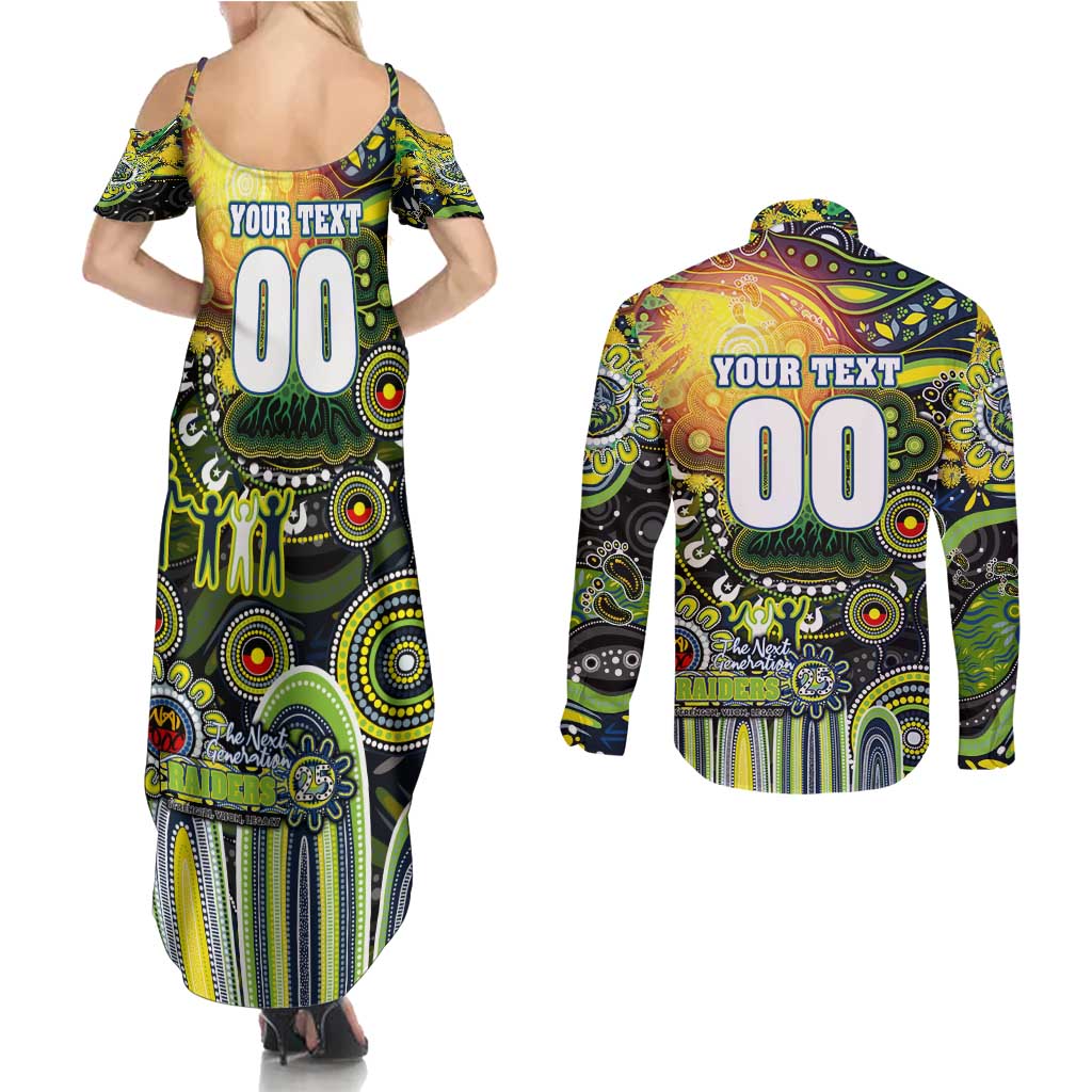 Personalised NAIDOC Week 2025 Raiders Rugby Couples Matching Summer Maxi Dress and Long Sleeve Button Shirt Aboriginal Dot Painting