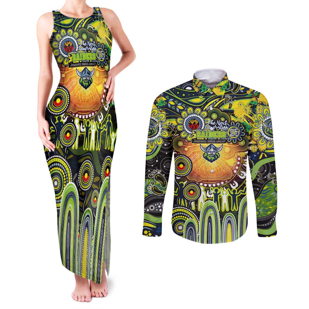 Personalised NAIDOC Week 2025 Raiders Rugby Couples Matching Tank Maxi Dress and Long Sleeve Button Shirt Aboriginal Dot Painting