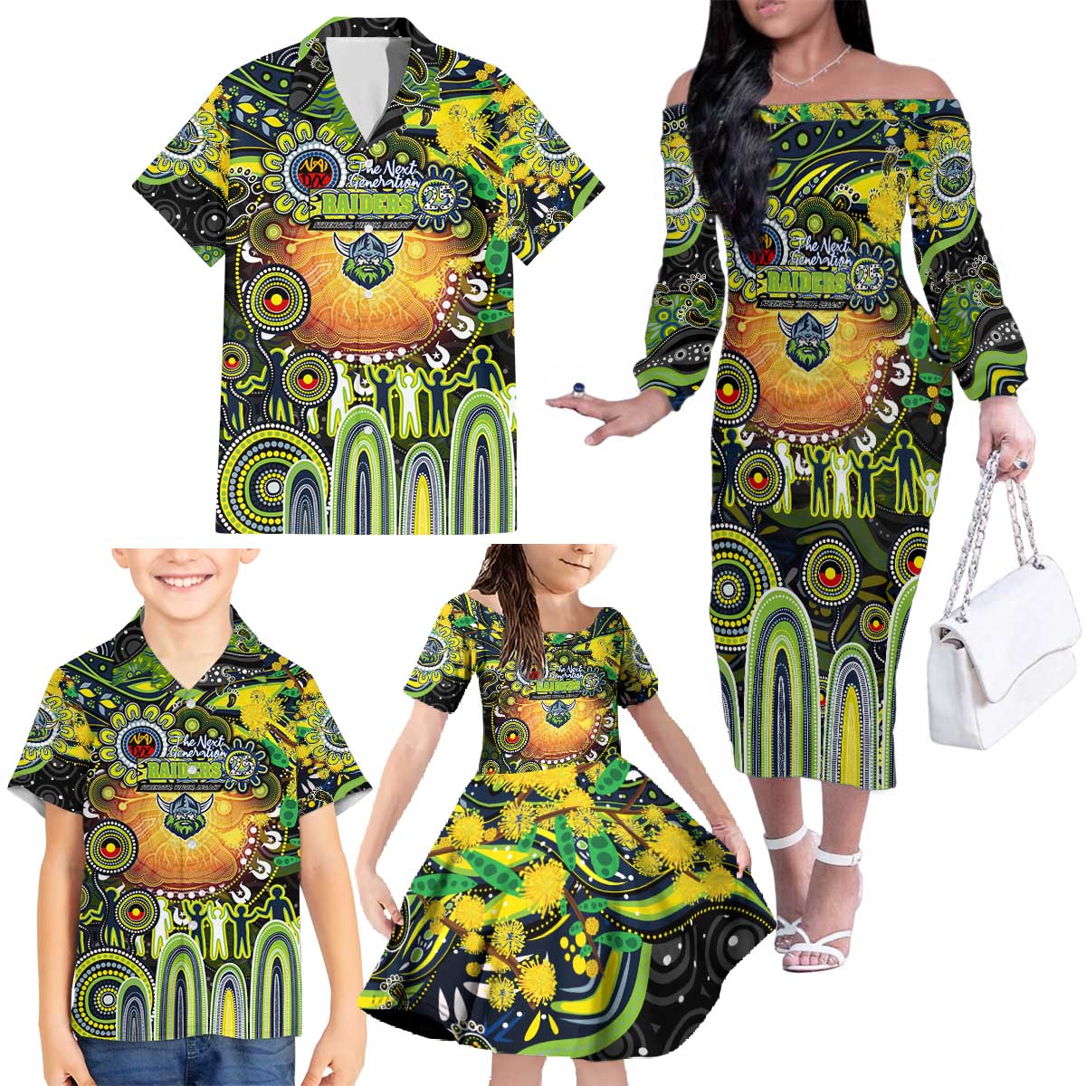 Personalised NAIDOC Week 2025 Raiders Rugby Family Matching Off The Shoulder Long Sleeve Dress and Hawaiian Shirt Aboriginal Dot Painting