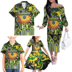 Personalised NAIDOC Week 2025 Raiders Rugby Family Matching Off The Shoulder Long Sleeve Dress and Hawaiian Shirt Aboriginal Dot Painting