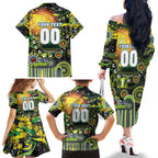 Personalised NAIDOC Week 2025 Raiders Rugby Family Matching Off The Shoulder Long Sleeve Dress and Hawaiian Shirt Aboriginal Dot Painting