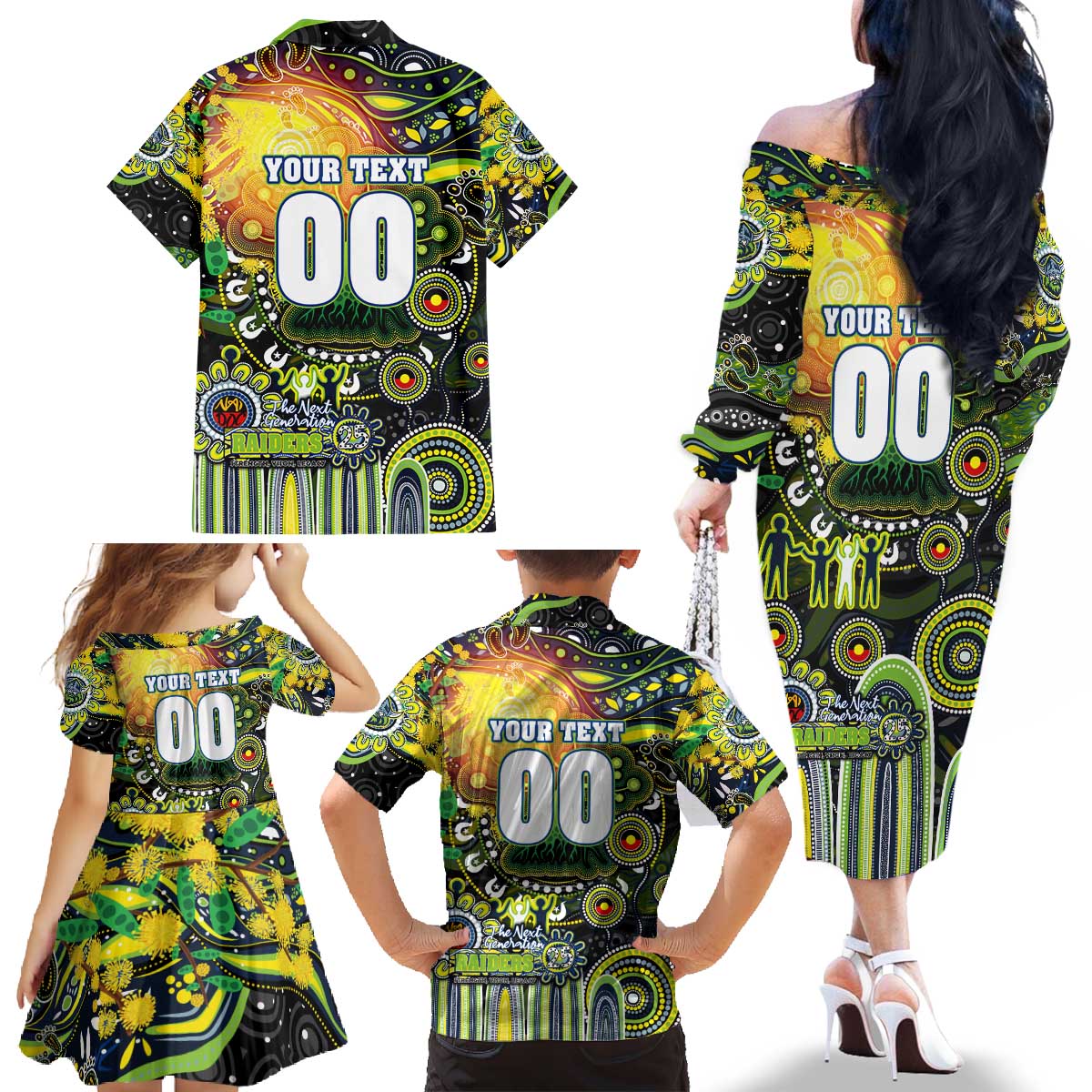Personalised NAIDOC Week 2025 Raiders Rugby Family Matching Off The Shoulder Long Sleeve Dress and Hawaiian Shirt Aboriginal Dot Painting