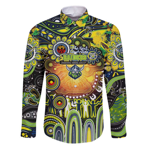 Personalised NAIDOC Week 2025 Raiders Rugby Family Matching Off The Shoulder Long Sleeve Dress and Hawaiian Shirt Aboriginal Dot Painting
